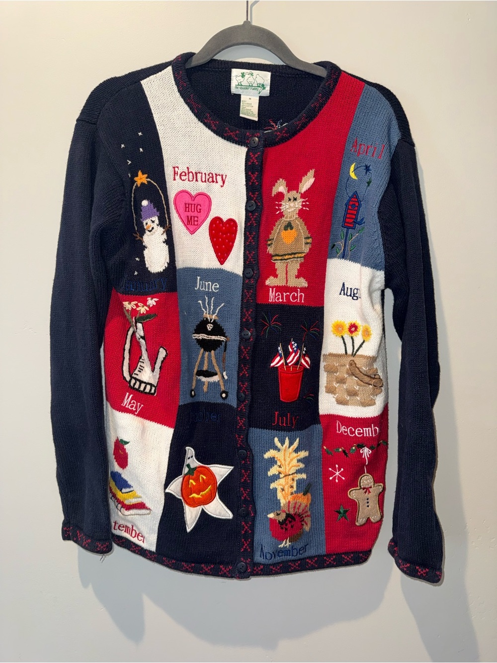The Quacker Factory Monthly Holiday Cardigan Sweater Embroidered Knit Sz Medium